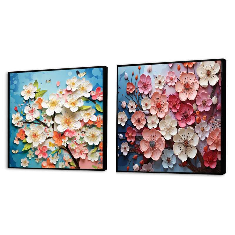 Collage de fleurs de pommier rose IV - ensemble de 2 collages floraux carrés, Cadre flottant noir, H 16 po x l 33 po