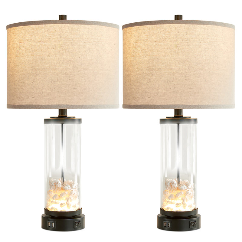 Farmhouse Table Lamps Set of 2 for Bedroom Nightstands, with USB Charging Ports & Night Light, Coral Glass Base, Fabric Shade, LED Bulbs Included