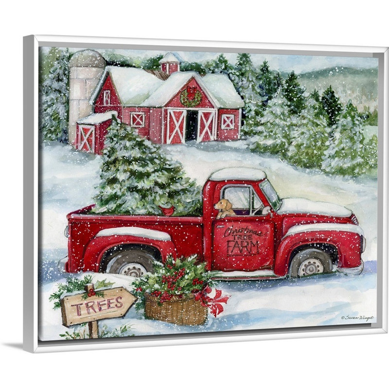«Christmas Tree Farm» par Susan Winget - peinture sur toile tendue, H 25,25 po x l 31,25 po, Cadre blanc
