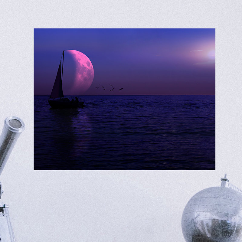 Décalcomanie murale amovible lune et voilier, H 14 po x l 18 po, Violet