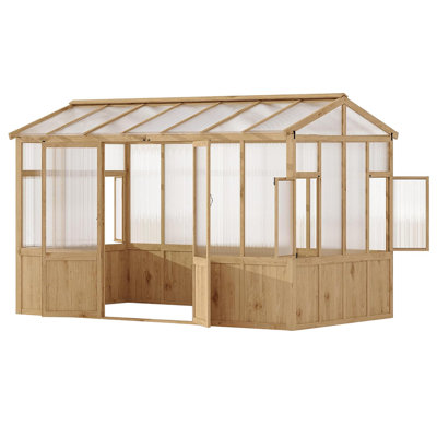Heavy-Duty 8x12 ft / 10x12 ft Wooden Outdoor Greenhouse with 6mm Polycarbonate Panels, and Lockable Walk-In Door for Backyard, Patio, or Lawn
