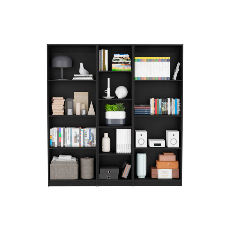 Ensemble de bibliothèque 3 pièces, 67 po de largeur avec 13 tablettes, ensemble de salon, Noir