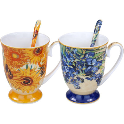 Ensemble de 2 tasses en porcelaine 9,3 oz avec cuillères, collection V. Van Gogh par Marsseus Sunflowers and Irises, boîte-cadeau