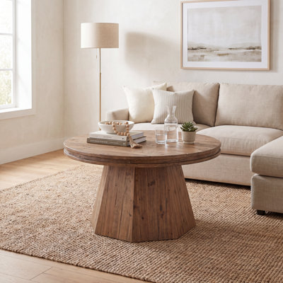 31.5'' Round Solid Wood Coffee Table with Geometric Pedestal Base