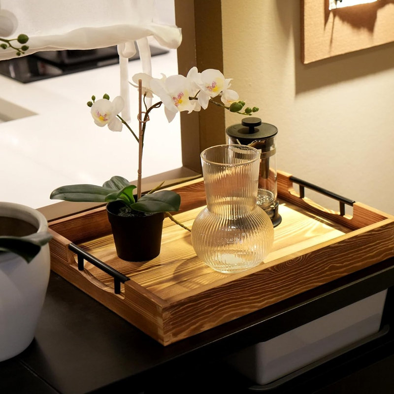 Grand plateau de repose-pieds pour le salon, plateau de service en bois avec poignées, table basse et canapé, comprend des sous-verres antidérapants