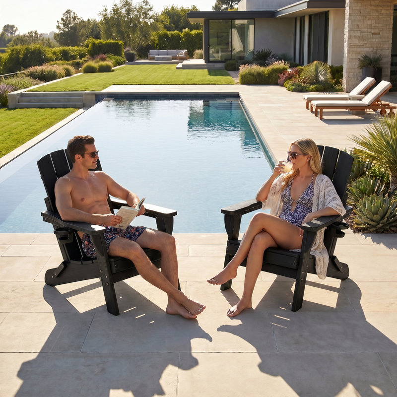  Folding Adirondack Chairs Weather-Resistant HDPE Outdoor Firepit Chairs With Cup Holder, Black