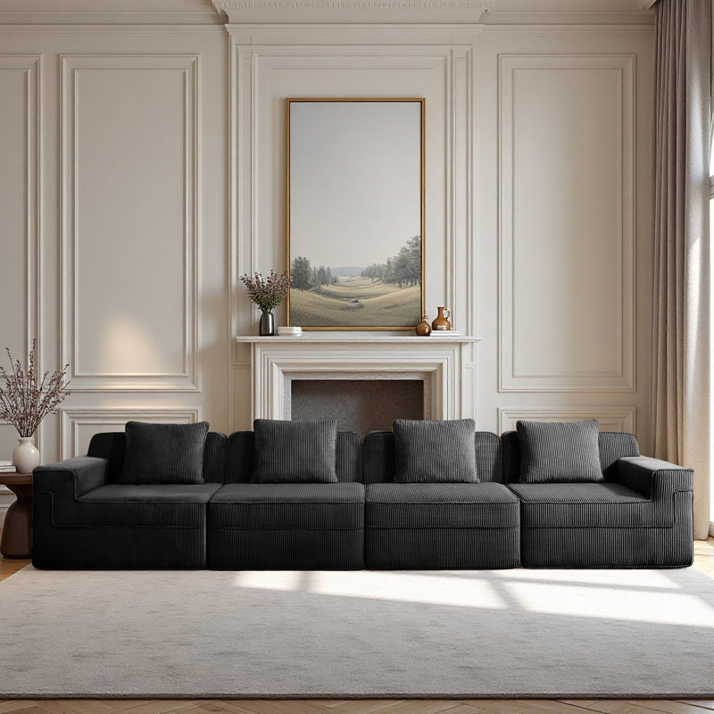 Canapé modulaire sans siège à 4 places, canapé modulaire Cloud avec assise profonde, canapé modulaire moderne à 4 places avec coussins décoratifs Tissu en velours côtelé
