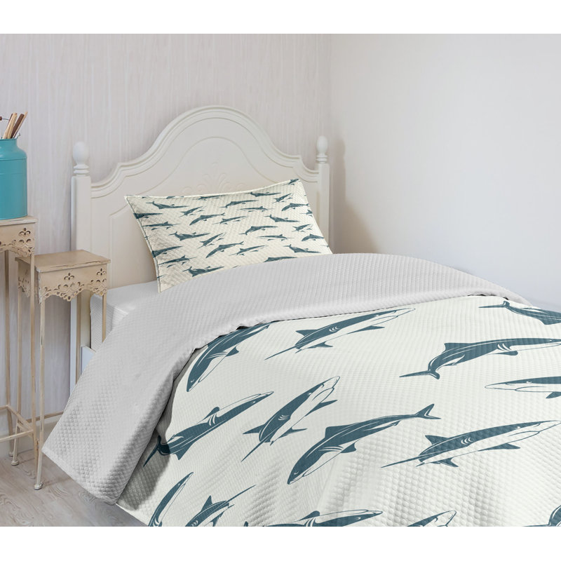 Twin Blue Quilted Shark Bedspread Set with Pillow Sham