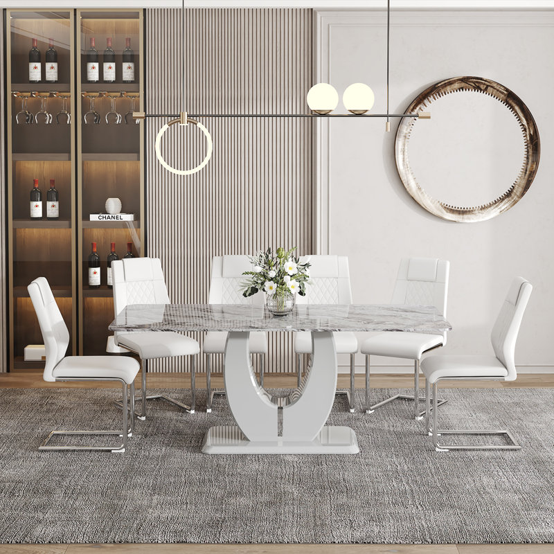 Ensemble de table de salle à manger 71 po, plateau moderne en verre trempé avec chaises en cuir synthétique, Blanc