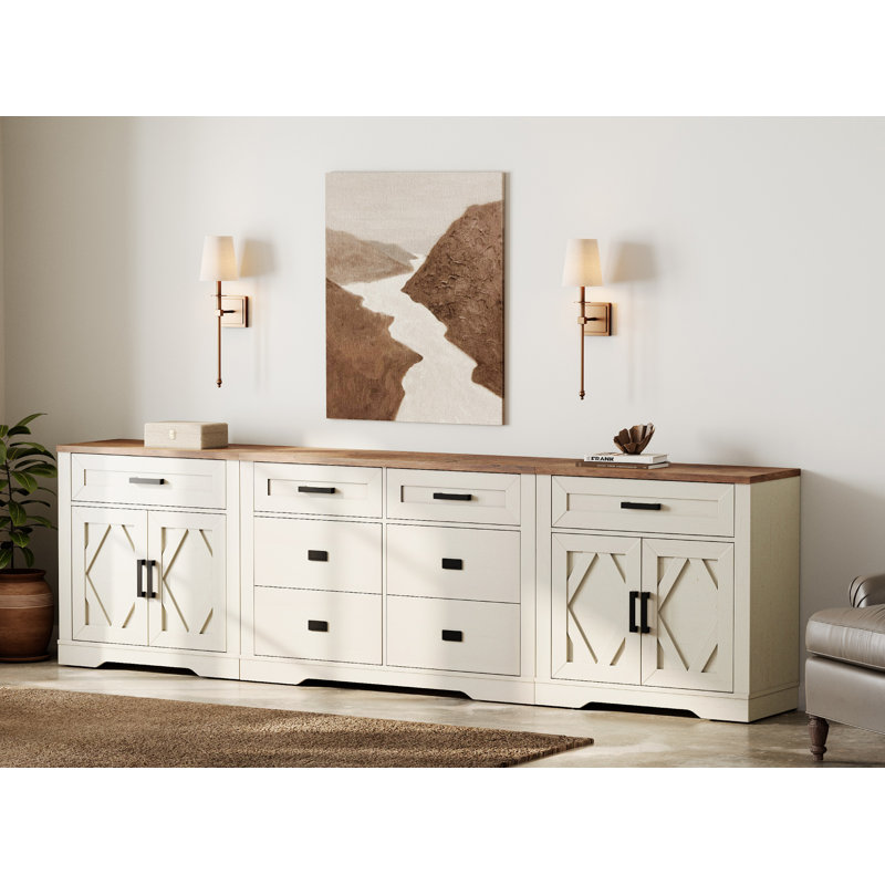 Glenford 110.2"W Large Modern Farmhouse Office Storage Cabinet With Barn Doors & Drawers, Scratch-Resistant Tree Bark Finish