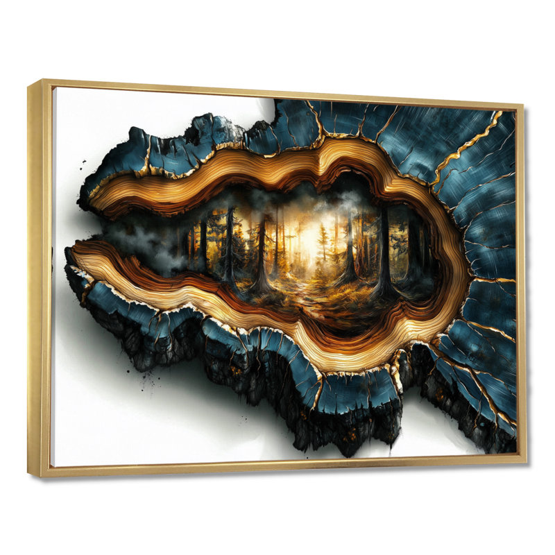 «Forest In Blue Wood Slide Fusion», art mural sur toile, H 24 po x l 32 po, Impression encadrée flottante, Doré
