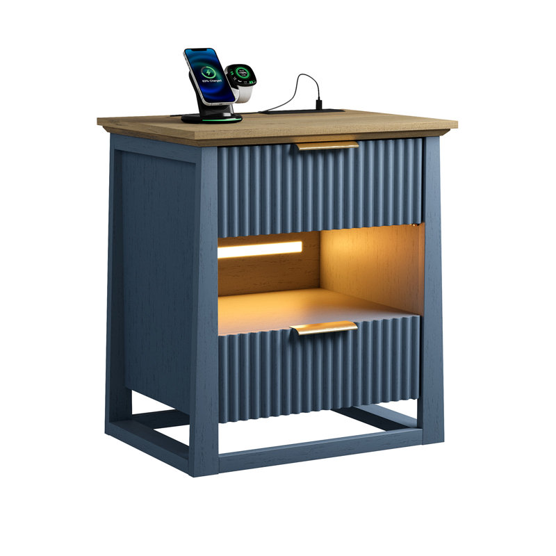 2 Drawer End Tables Set with Storage and Built-in Outlets for Livign Room,Bedroom,Led End Side Tables, Blue