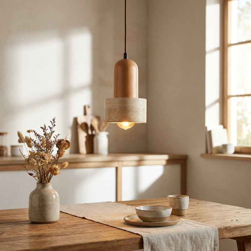 Luminaire suspendu en bois et travertin Sila