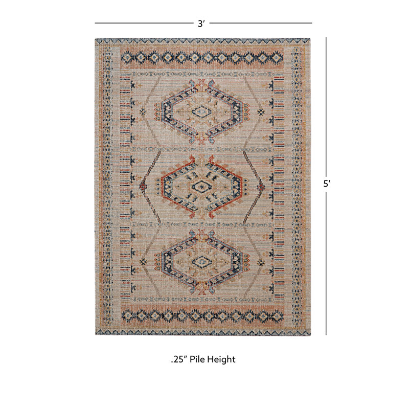 Rectangle Presli Oriental Machine Woven Polyester Area Rug in Ivory/Terracotta, Rectangle 3' x 5'