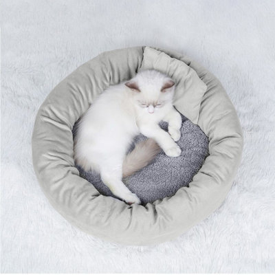 Round Dog Kennel Mat 19.7x19.7x3.9in Thickened Fall Winter Cushion For Puppy Curl Sleeping, Gray