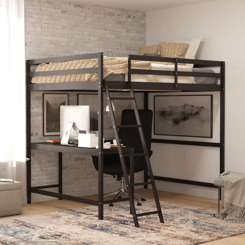 Riley Traditional Wood Slat Loft Bed with Integrated Desk & Ladder, Full, Espresso