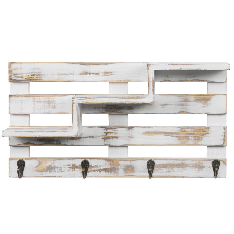 Deschamp Wall  4 Hook Wood Organiser with Key Hooks, White
