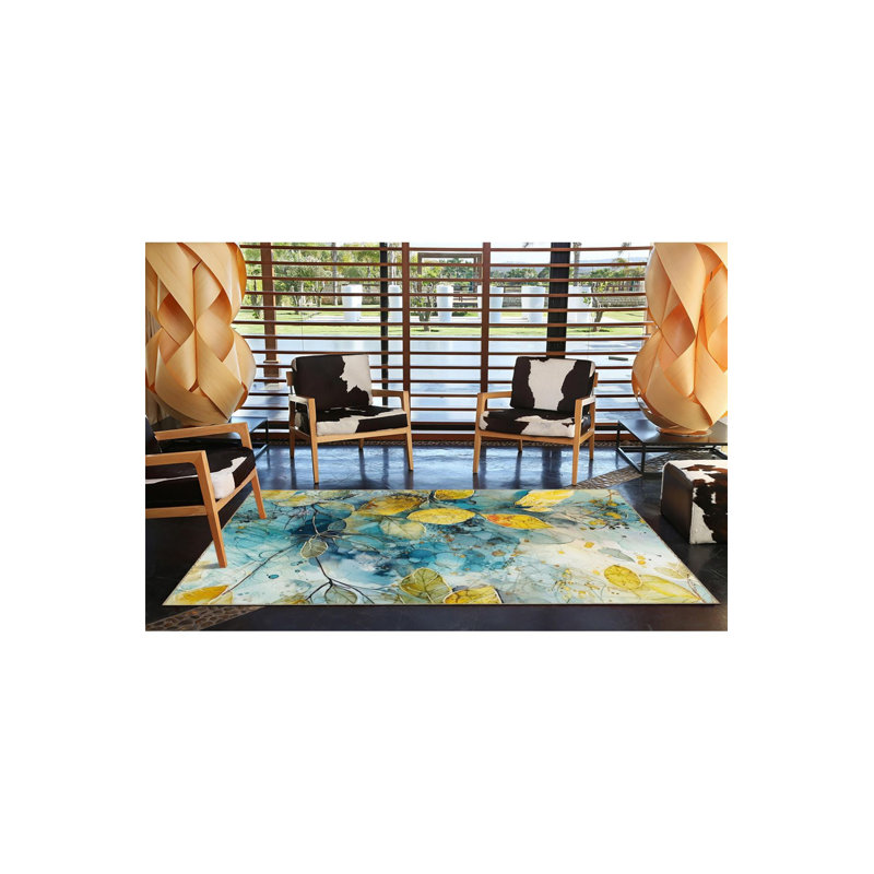 Tapis lavable à motif floral bleu glacier et jaune, Rectangle 2 pi 4 po x 3 pi 11 po