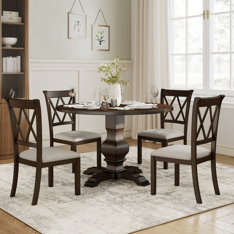  Cuthbert 5-Piece Dining Set, Pedestal Round Table With 4 Stylish Chairs, Espresso