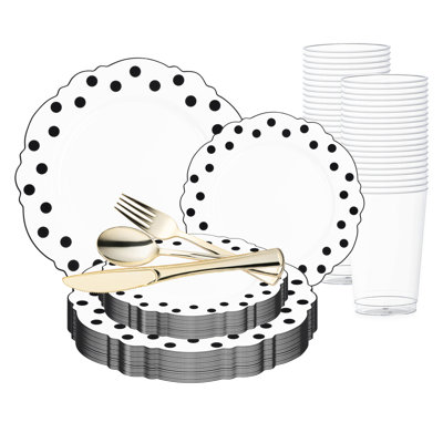 Ensemble de 30 décorations florales rondes jetables en plastique blanc à pois noirs pour mariage