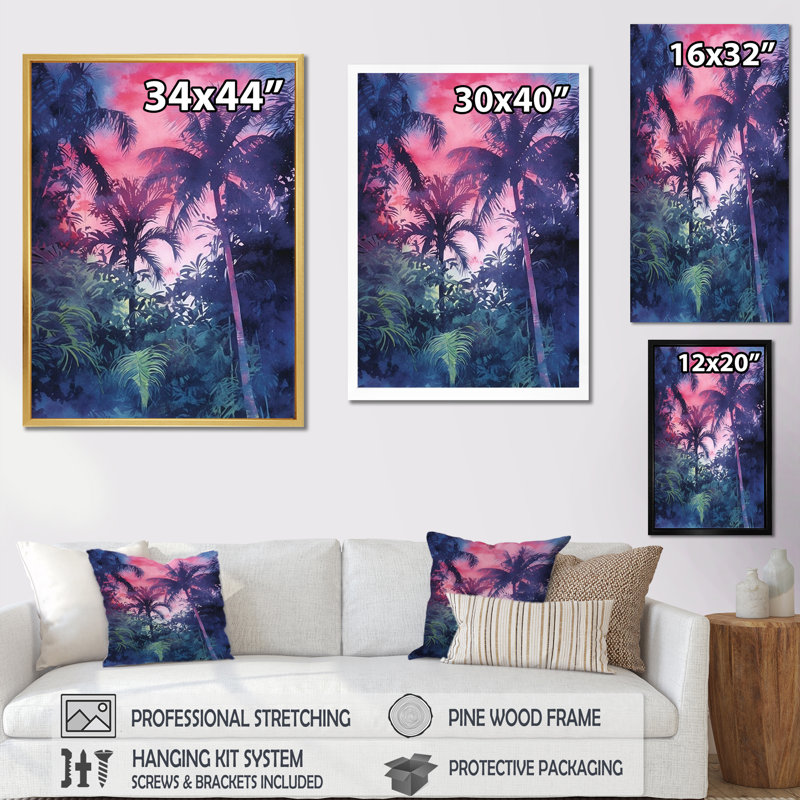 Palmiers roses rétro ombres IV, Cadre flottant doré, H 40 po x l 30 po