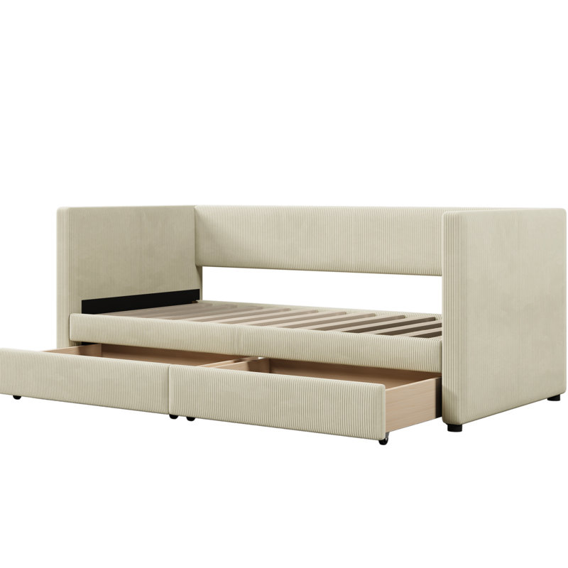 Lit de jour beige simple en velours côtelé avec tiroirs pratiques et lattes de bois stables - tissu de chambre à coucher, deux tiroirs, moderne et fonctionnel