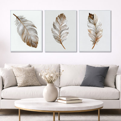 «Brown Watercolor Feather Elegance», art mural encadré 3 panneaux Glam