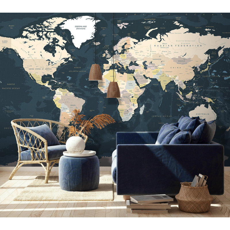 Dark Political Large World Map Removable Wallpaper, 75" L x 112" W
