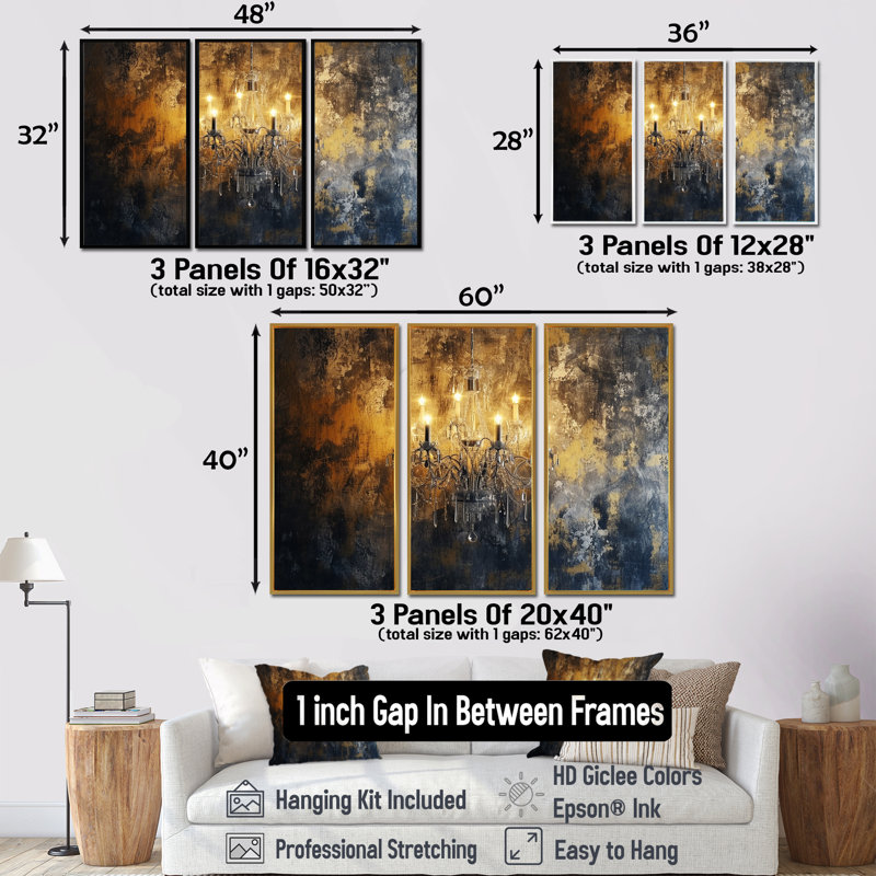 Athenais - Ensemble de salon mural lustre glamour, Cadre flottant brun, H 32 po x l 48 po x P 1 po