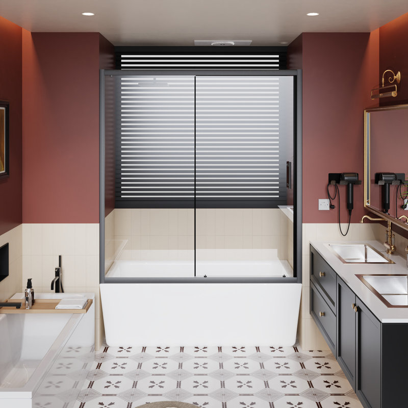 60.In W X 62.In H Single Sliding Shower Door For Bathtub, 1/5 Inch Thick Clear Tempered Glass Shower Door With Stainless Steel Handle, Black