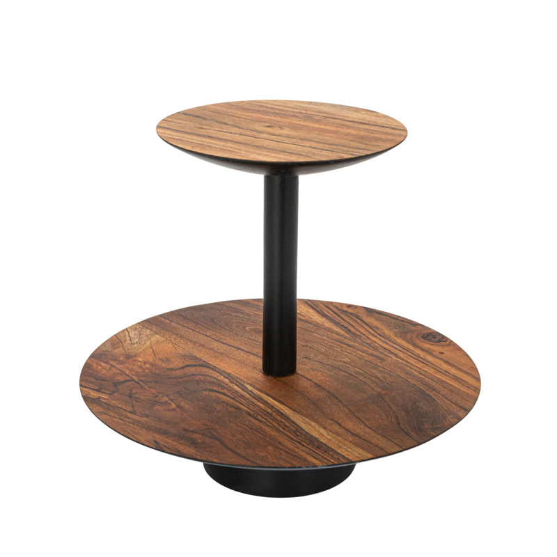 Plateau rond en bois d'acacia à 2 niveaux avec support en métal