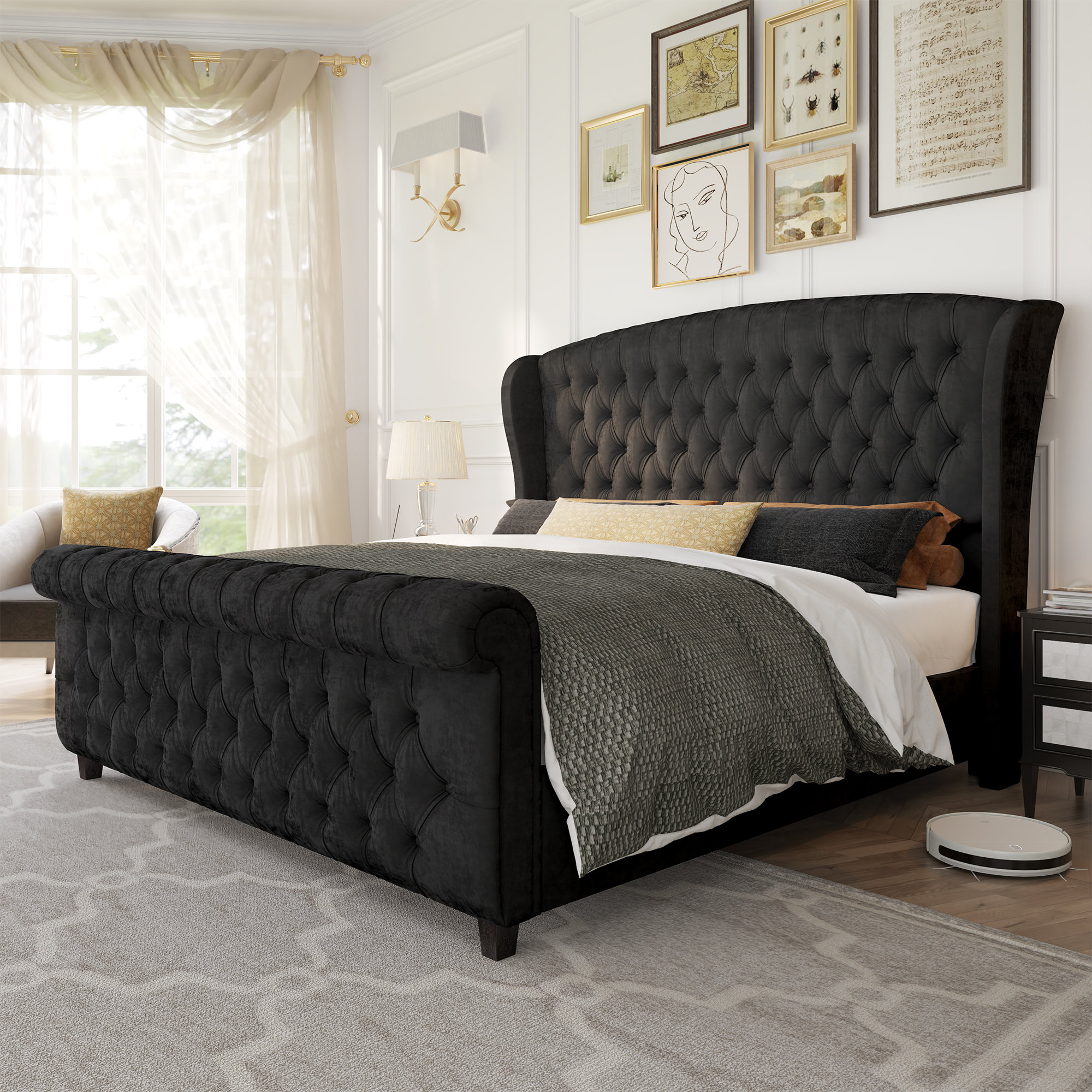 Willa Arlo™ Interiors Dulane Velvet Upholstered Sleigh Bed with Scroll Wingback Headboard & Reviews | Wayfair