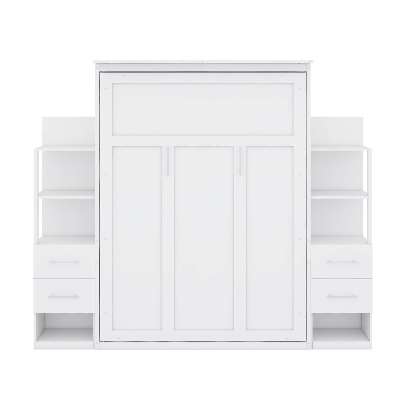 Lit escamotable double intégré au mur avec 4 tiroirs de rangement, éclairage à DEL et tablettes de rangement, fabrication en bois