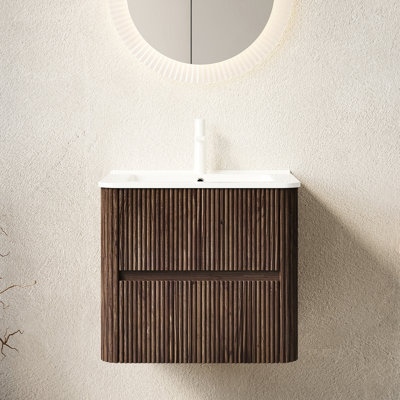 Meuble-lavabo 24 po avec lavabo et 2 tiroirs, lavabo flottant en céramique blanc brillant, finition noyer rétro, design flottant esthétique, style moderne