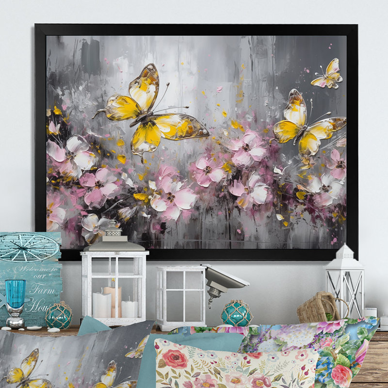 Fleurs de Rozalin avec papillons blancs IV sur toile, Cadre photo noir, H 24 po x l 32 po x P 1 po