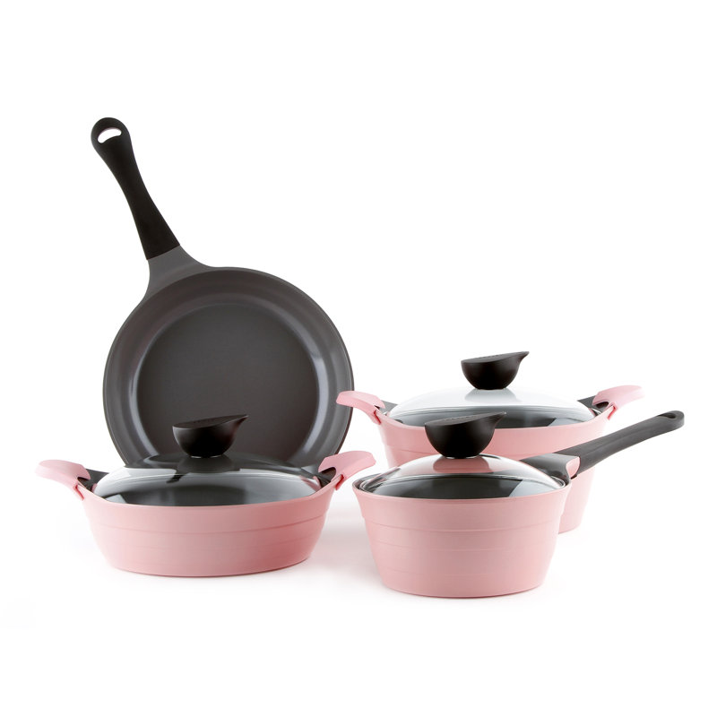 Batterie de cuisine 7 pièces Eela, couvercle en verre, Rose