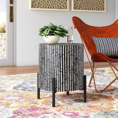 Alicia Multi Coloured Mother of Pearl Shell Geometric Handmade Mosaic Inlay Side End Accent Table with Black Metal Legs