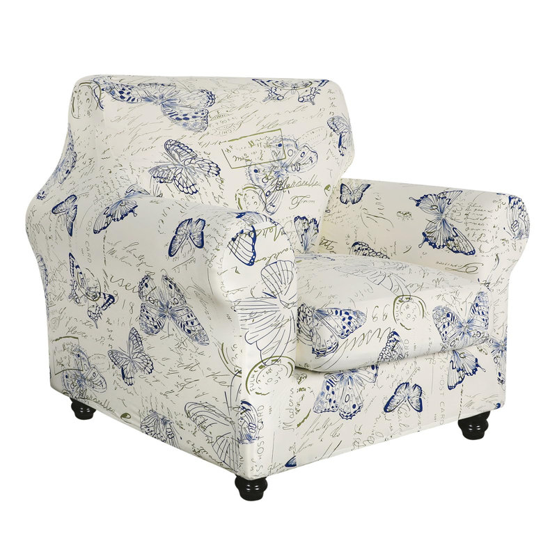 Stretch Sofa Cover Printed Couch Covers, Floral Pattern 2 Piece Armchair Slipcover With Separate Chair Cushion Cover, Washable Furniture Protector For Living Room(Chair, Butterfly Pattern)