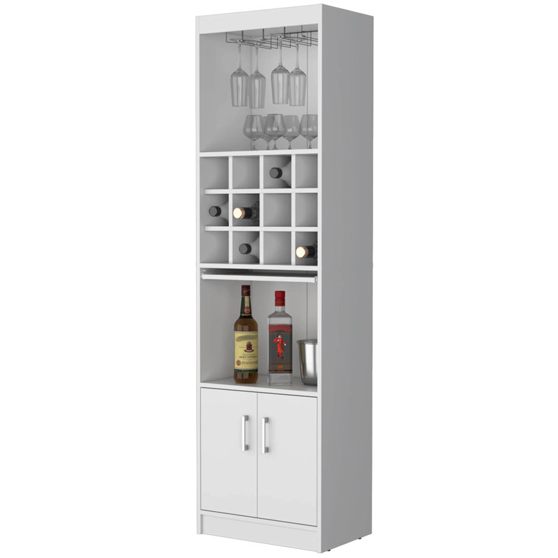 Bar moderne blanc avec rangement pour le vin - 2 portes, 13,3 pouces de profondeur, 15 tablettes, bois d'ingénierie pour les amoureux, intérieur spacieux
