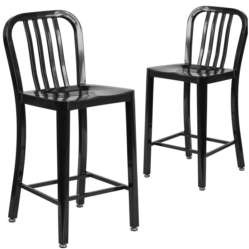 Commercial Grade Metal Indoor-Outdoor Stool with Vertical Slat Back, Black, Bar Stool (76cm Seat Height)