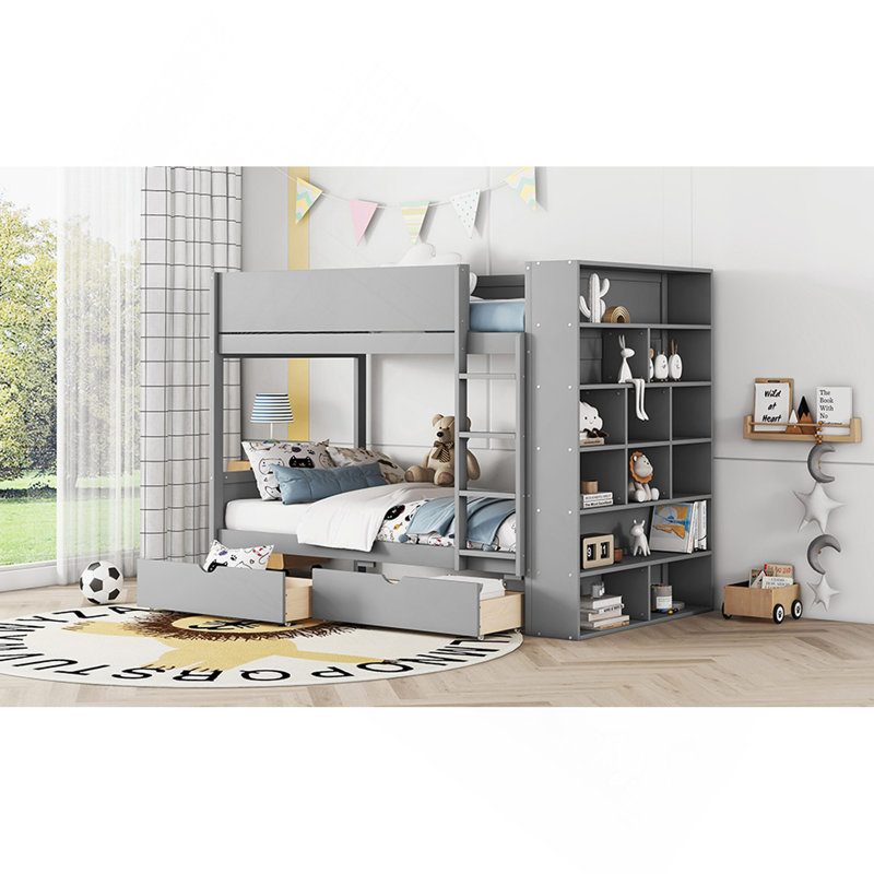 Lit superposé simple au-dessus de simple avec 2 tiroirs et armoire à couches multiples, gris, Lit simple