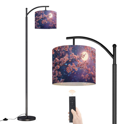  Lampe sur pied à arc avec branches de cerisier en fleurs, pétales flottants, étoiles, grande lampe sur pied moderne, abat-jour réglable en lin à 3 couleurs