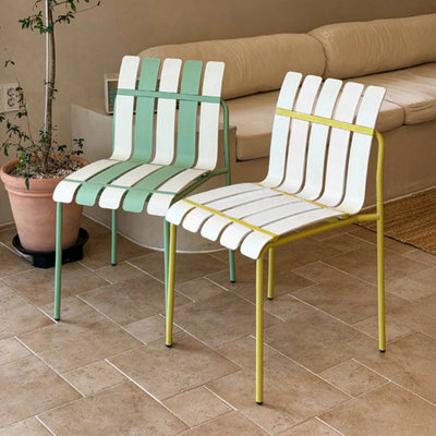 4 - Pack Modern Colour Block Chairs In Striped Style, Waterproof Pp And Metal For Indoor/Outdoor Patio Use, Cream White & Grain Yellow Piece With Legs Indoor ,