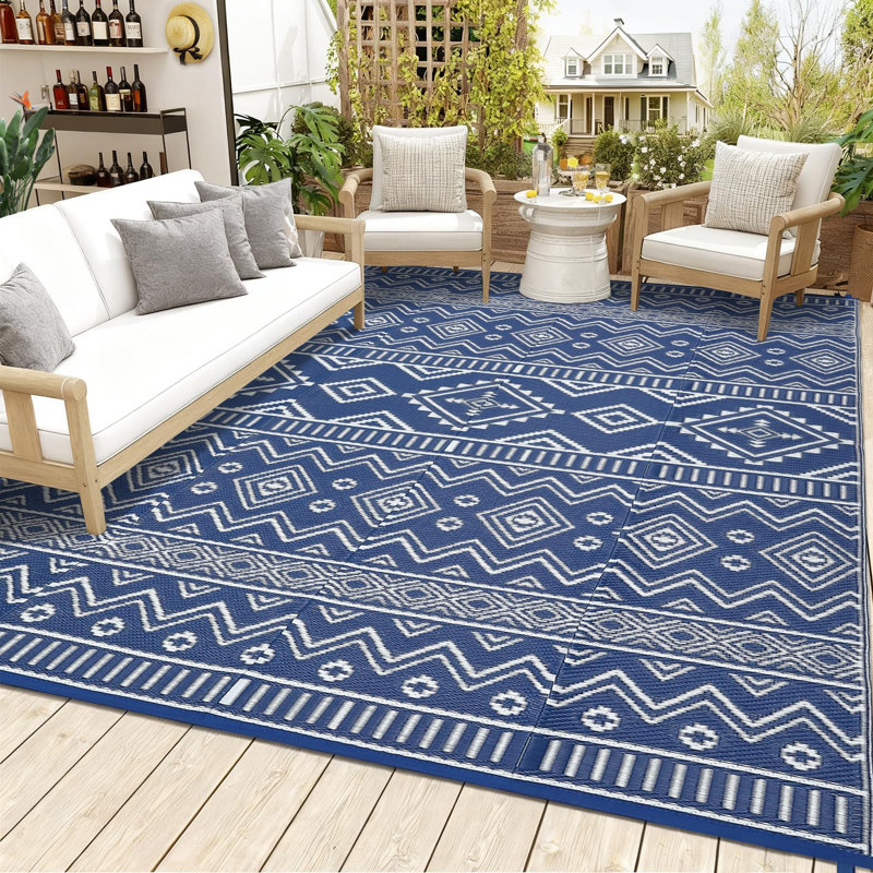 Black and White Geometric Outdoor Area Rug 10x14ft – Washable, Waterproof, UV Resistant Patio Carpet, Easy Clean, Lightweight – USA Specification