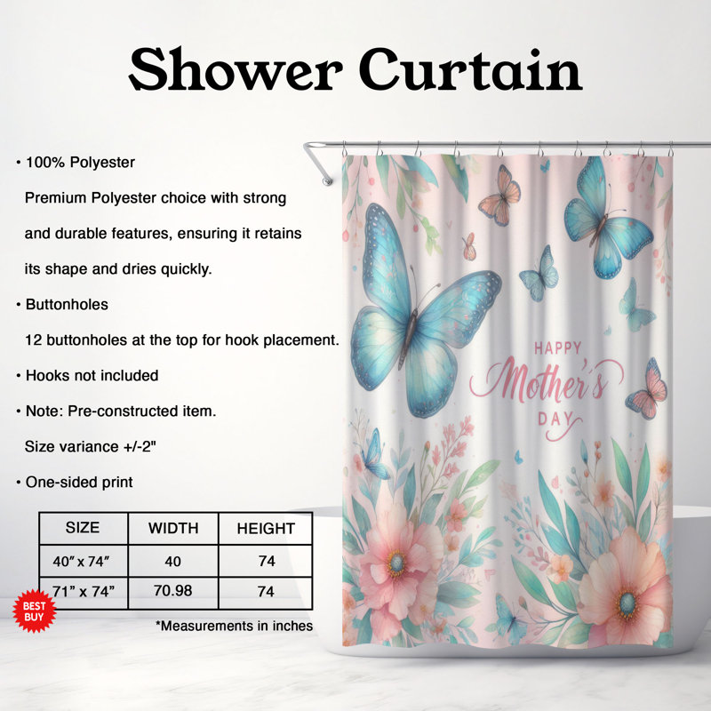 Papillons et fleurs - Rideau de douche standard 1 pièce, H 74 po x l 71 po