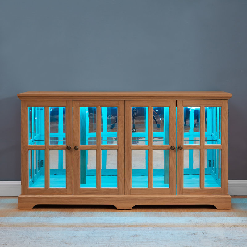 LED Curio Display Cabinet With Glass Doors, Antique Display Case With Adjustable Shelves For Collectibles, Four Door Design Vintage Showcase For Home Office, Cherry
