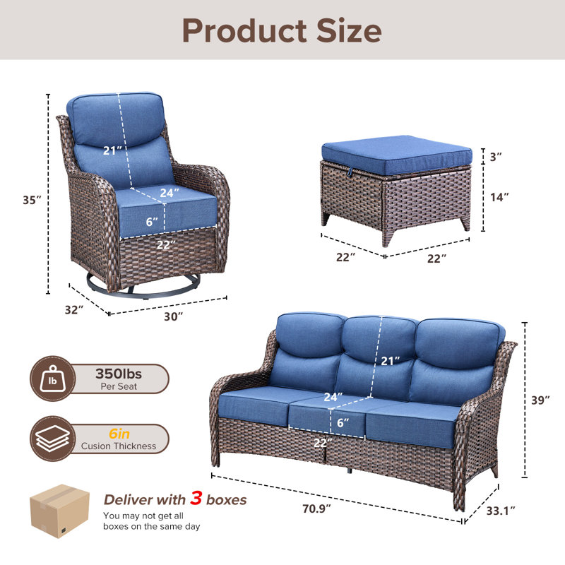 7 - Person Luxury Wicker Patio Furniture Set With 6-Inch Extra-Thick Cushion Swivel Chairs, Ottomans, Blue, Brown