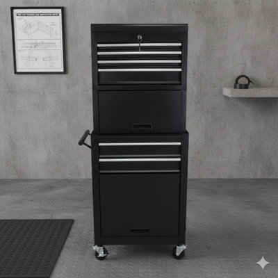 Wheeled Tool Storage Cabinet, 6-Drawer Lockable Unit With Four Swivel Casters; 2-In-1 Design Features A Detachable Top Box; Organizer For Garage, Workshop, Or Repair Shop - Black Finish