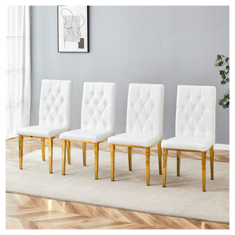Modern Dining Chairs, Metal Legs, Armless Design With Grid Pattern, 38.2h Inches, 4, White, Gold