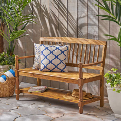 Timeless Farmhouse Bench with Built-in Shelf for Storage and Decor, Handcrafted from Durable Acacia Wood